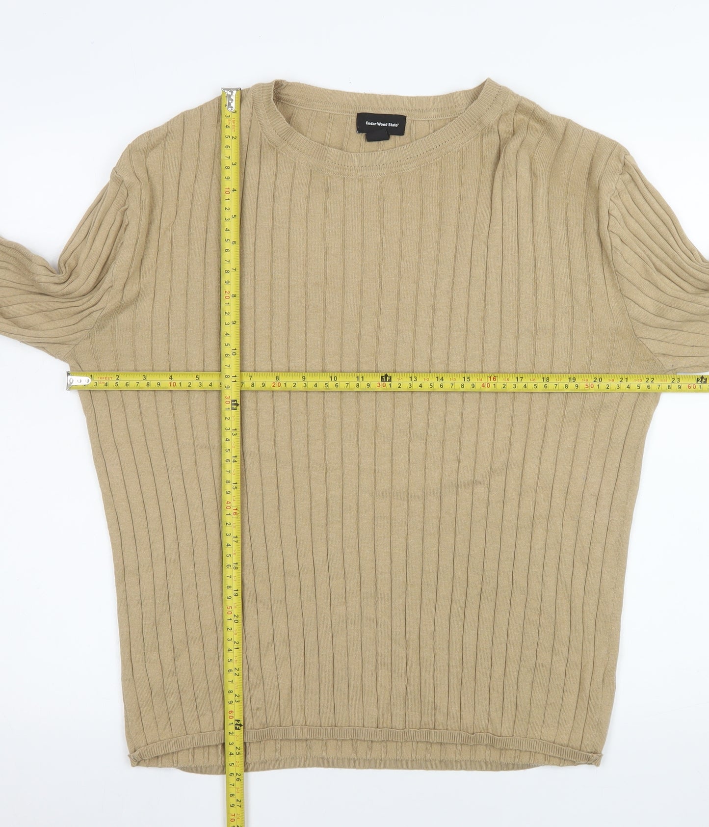 Cedar Wood State Men's Beige 2XL Ribbed Crew Neck Cotton Blend Jumper