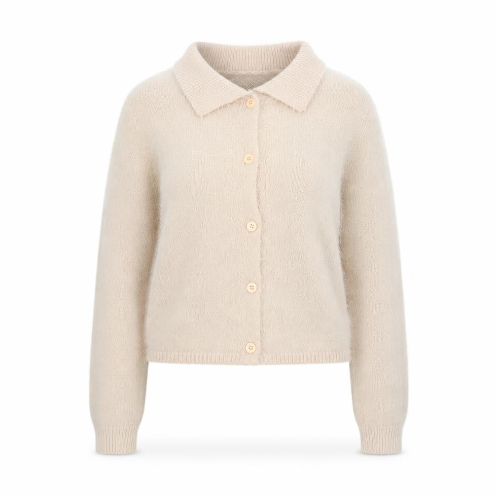 Front view of Brave Soul Women’s Beige Collared Button-Up Cardigan, size M