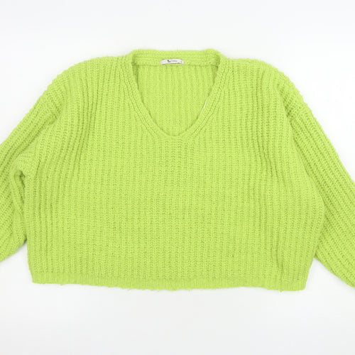 Tu Women Green Chunky Knit V-Neck Pullover Jumper Size 12