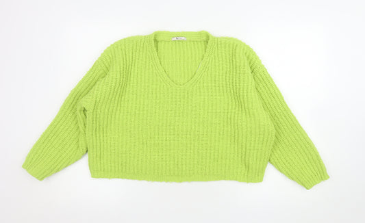Tu Women Green Chunky Knit V-Neck Pullover Jumper Size 12