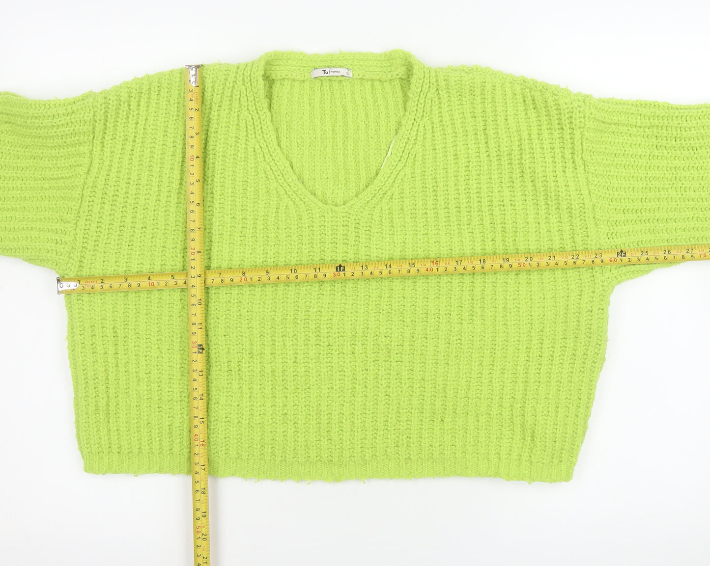 Tu Women Green Chunky Knit V-Neck Pullover Jumper Size 12