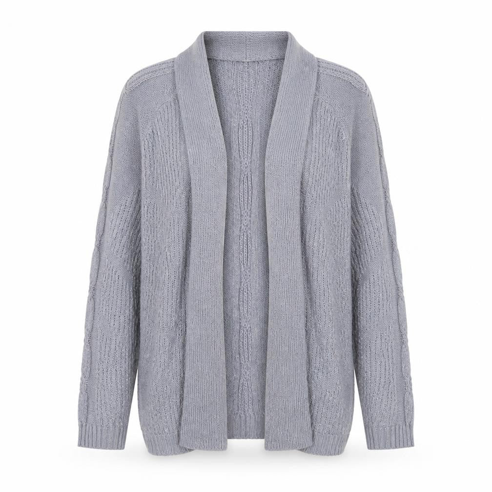 Front view of Bonmarché women’s grey cable-knit open long sleeve cardigan l