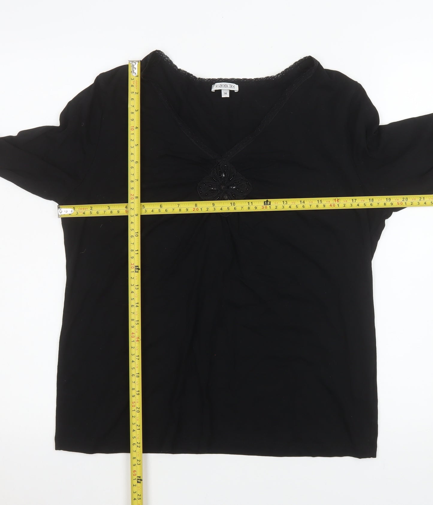 Gold Women’s Black Long Sleeve V-Neck Stretch Tunic Top Size 14