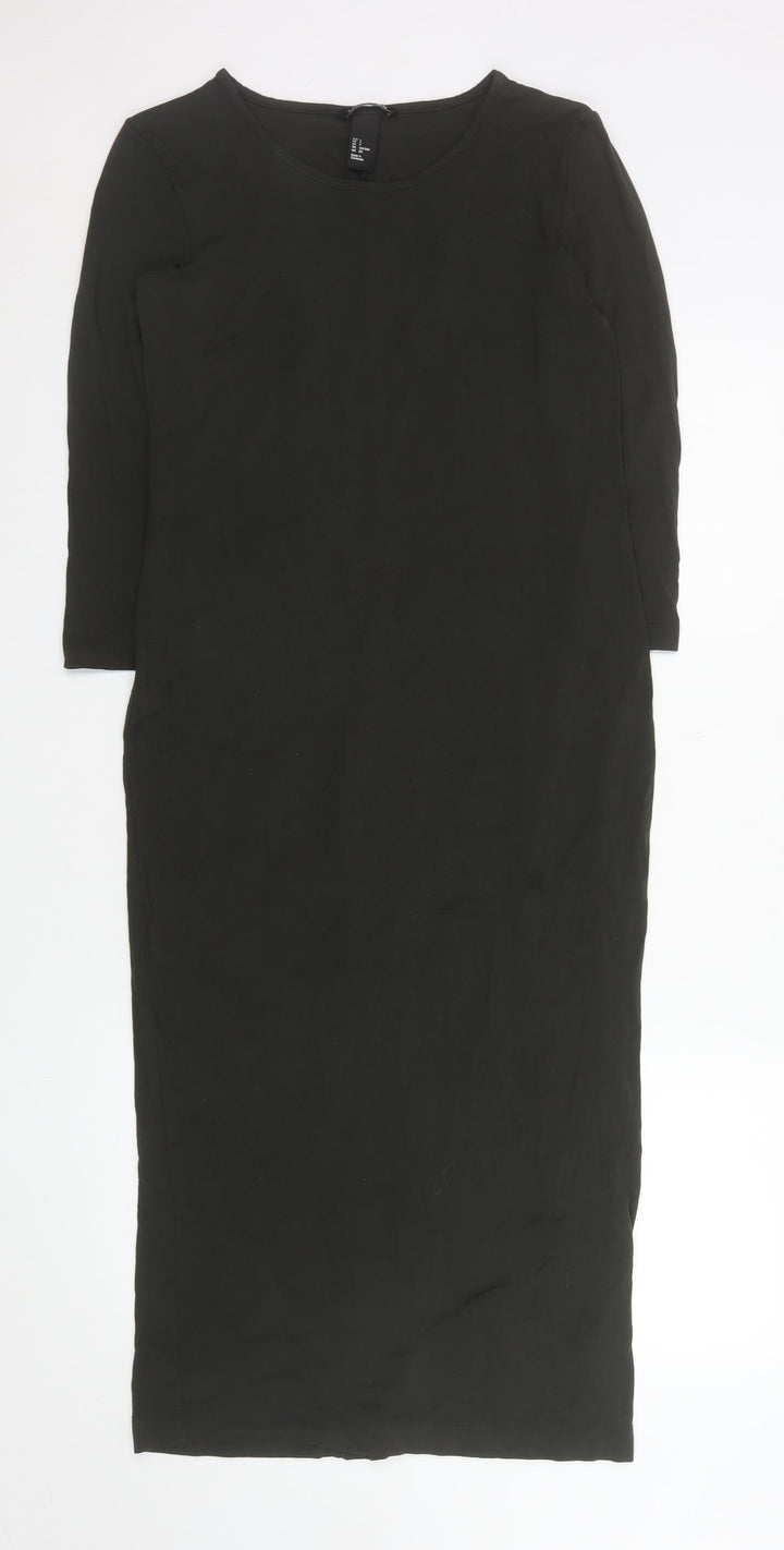 H&M Women Black Bodycon Midi Dress Size 8 3/4 Sleeve Stretch