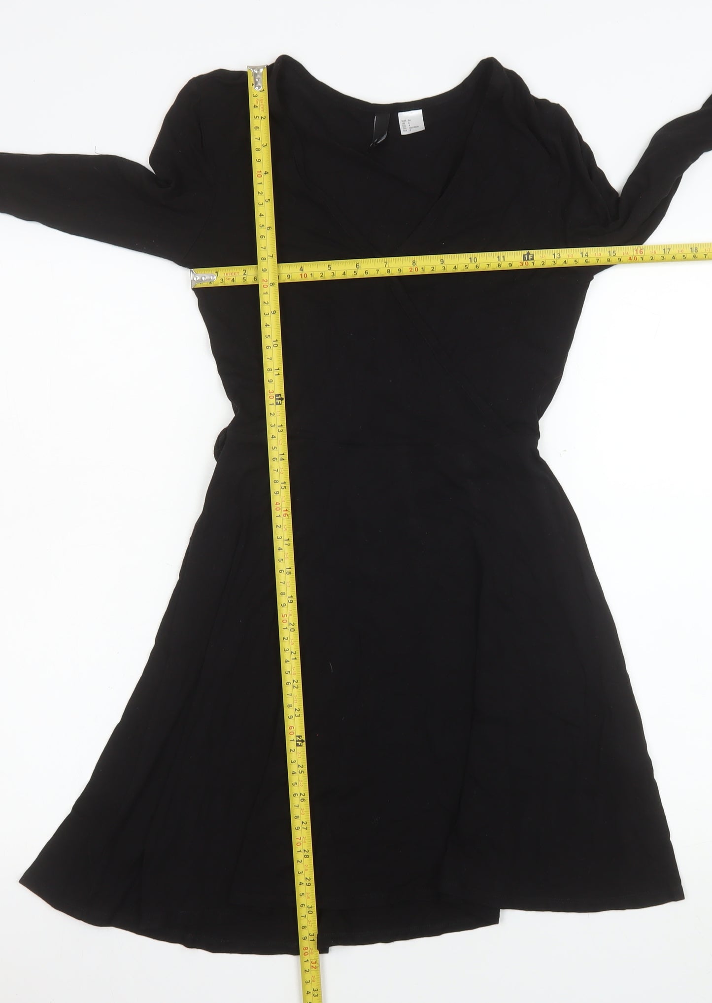 H&M Women Black Wrap Dress Size 6 Long Sleeve Viscose Stretch
