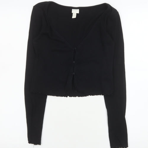 H&M Women Black Cropped Button-Up V-Neck Long Sleeve Top S