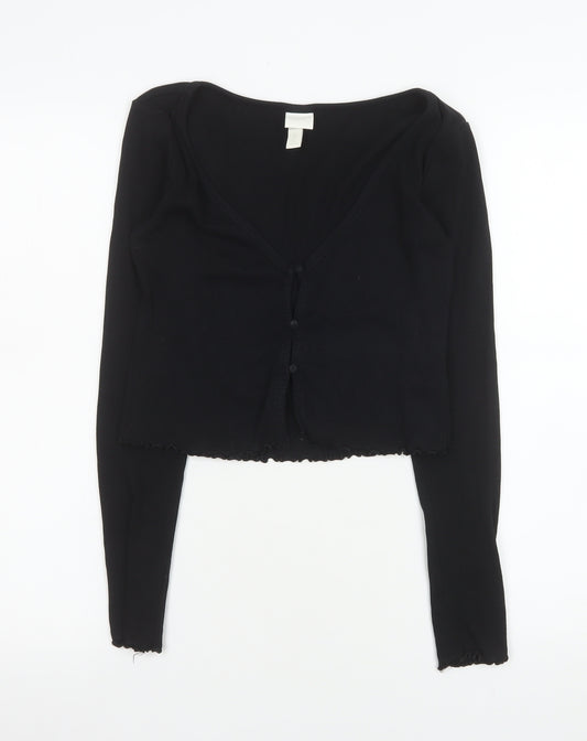 H&M Women Black Cropped Button-Up V-Neck Long Sleeve Top S