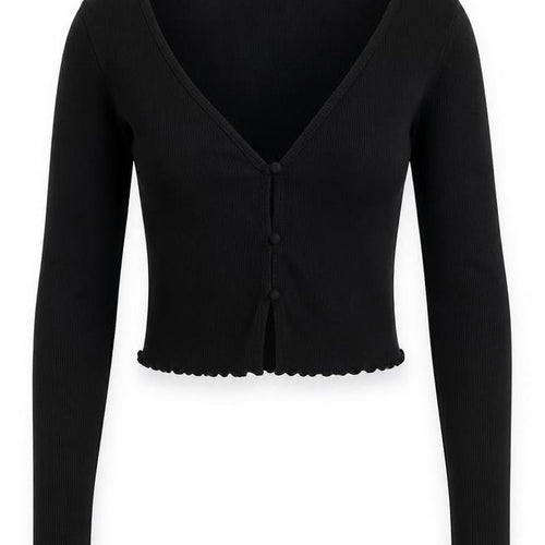 H&M Women Black Cropped Button-Up V-Neck Long Sleeve Top S