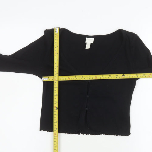 H&M Women Black Cropped Button-Up V-Neck Long Sleeve Top S