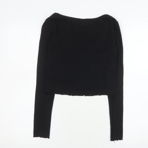 H&M Women Black Cropped Button-Up V-Neck Long Sleeve Top S