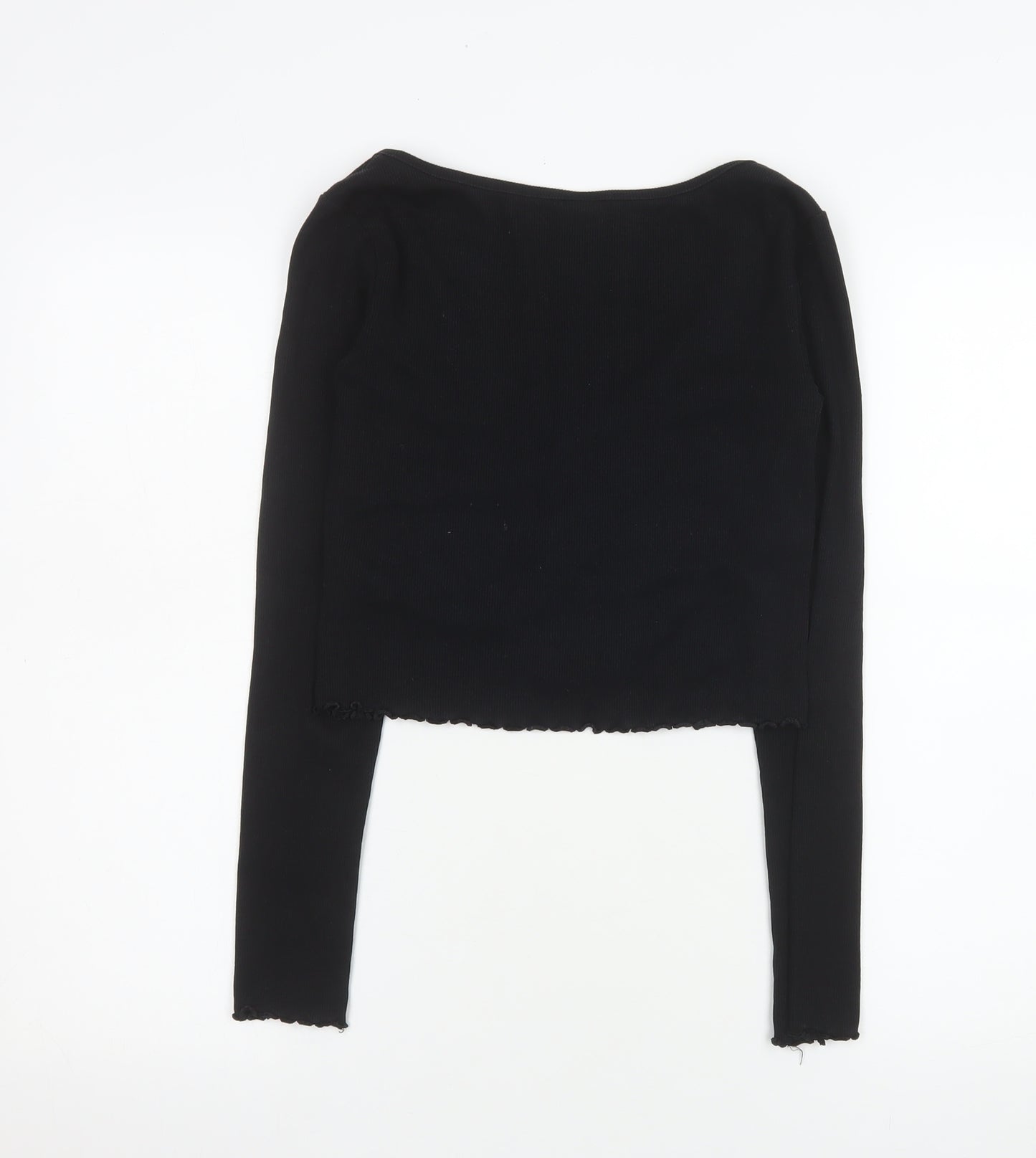 H&M Women Black Cropped Button-Up V-Neck Long Sleeve Top S
