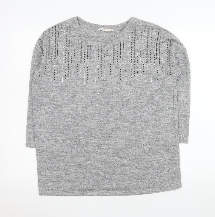 Tu Woman Grey Embellished Long Sleeve Tunic Top Size 10