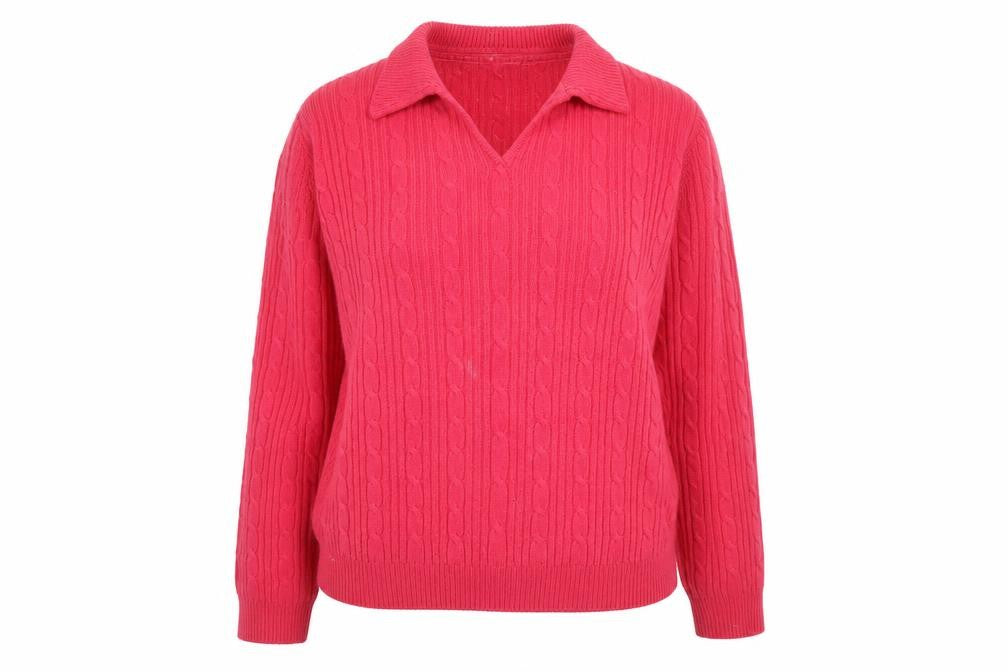 Front view of Isle Women’s Pink Collared Cable-Knit Jumper, size L, 18-20