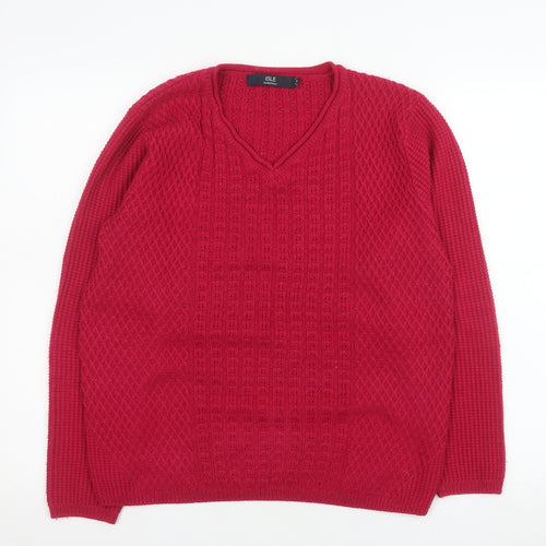 Isle Essentials Women Red Acrylic V-Neck Cable Knit Jumper Size 14-16