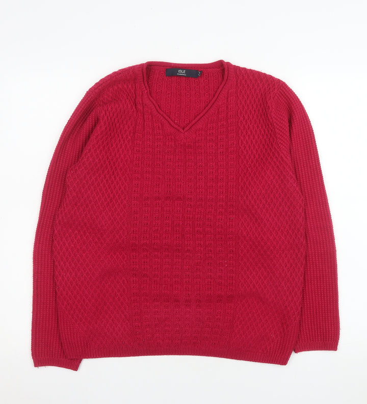 Isle Essentials Women Red Acrylic V-Neck Cable Knit Jumper Size 14-16
