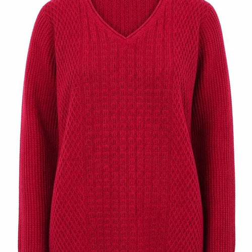 Isle Essentials Women Red Acrylic V-Neck Cable Knit Jumper Size 14-16