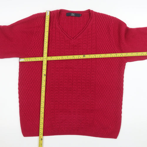 Isle Essentials Women Red Acrylic V-Neck Cable Knit Jumper Size 14-16