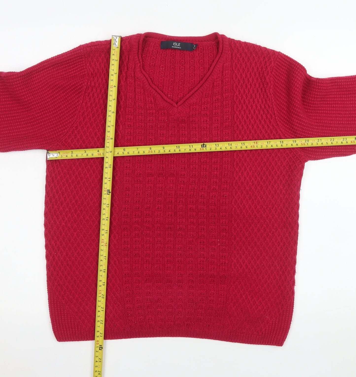 Isle Essentials Women Red Acrylic V-Neck Cable Knit Jumper Size 14-16