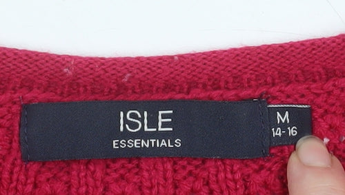 Isle Essentials Women Red Acrylic V-Neck Cable Knit Jumper Size 14-16