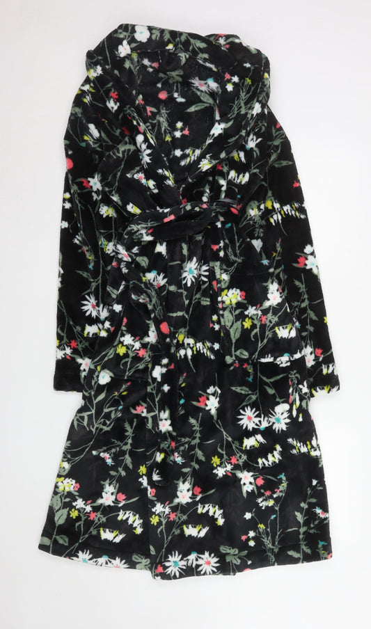 Marks and Spencer Womens Black Floral Fleece Hooded Robe Size 12-14