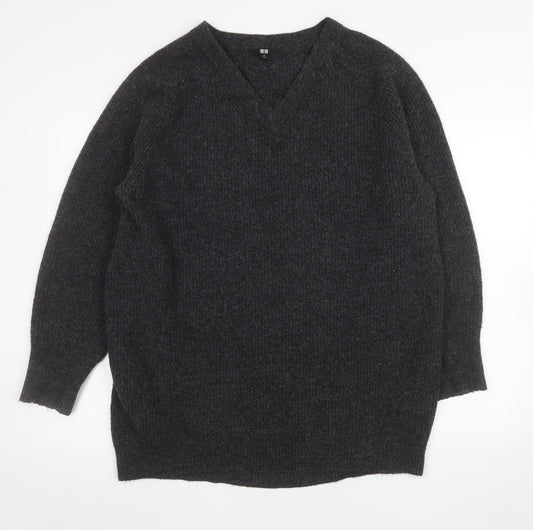 Uniqlo Mens Grey V-Neck Wool Blend Pullover Jumper M