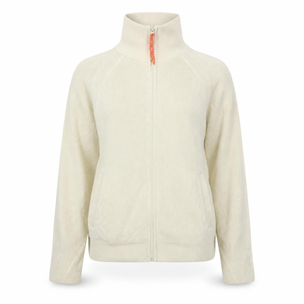 Front view of OTI women’s ivory knit full zip jacket, size S, classic style