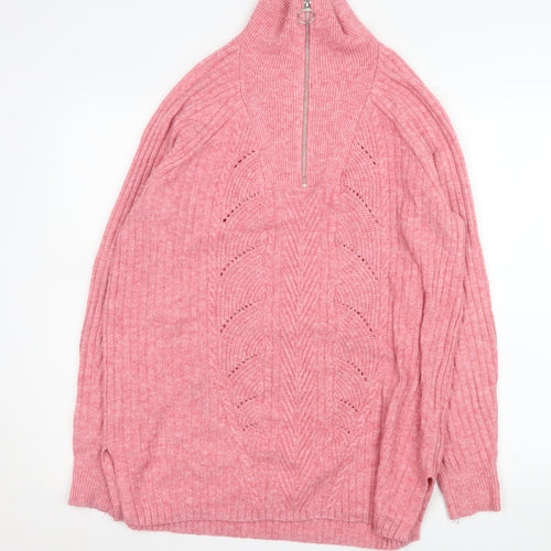 Marks and Spencer Women Pink 1/2 Zip Ribbed Pullover Sweater M