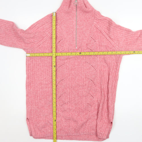 Marks and Spencer Women Pink 1/2 Zip Ribbed Pullover Sweater M
