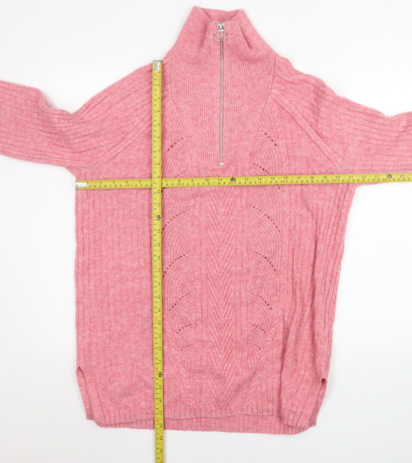 Marks and Spencer Women Pink 1/2 Zip Ribbed Pullover Sweater M