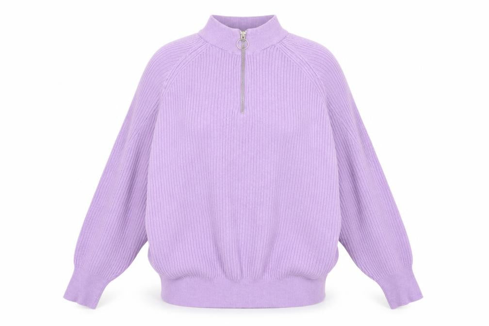 Front view of Marks & Spencer Women’s Dusted Lilac Ribbed 1/2 Zip Pullover Sweater, size L