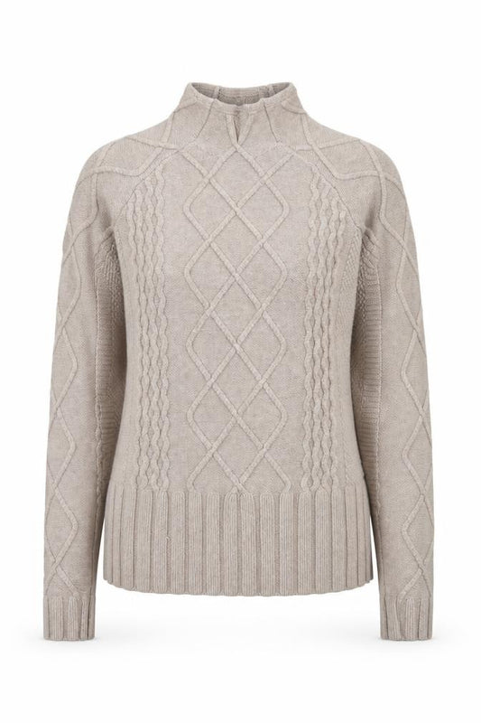 Front view of Cyrus women’s beige cable-knit mock neck jumper xs