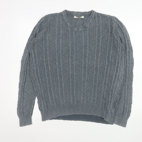 Mango Men's Grey L V-Neck Cable Knit Cotton Jumper