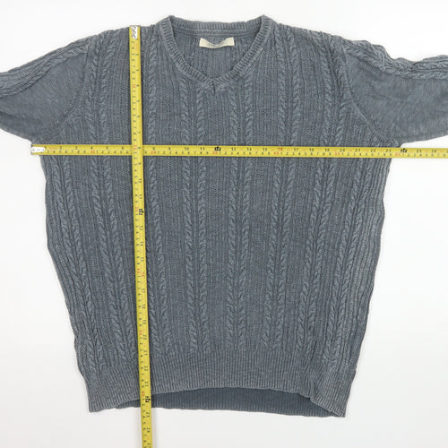 Mango Men's Grey L V-Neck Cable Knit Cotton Jumper