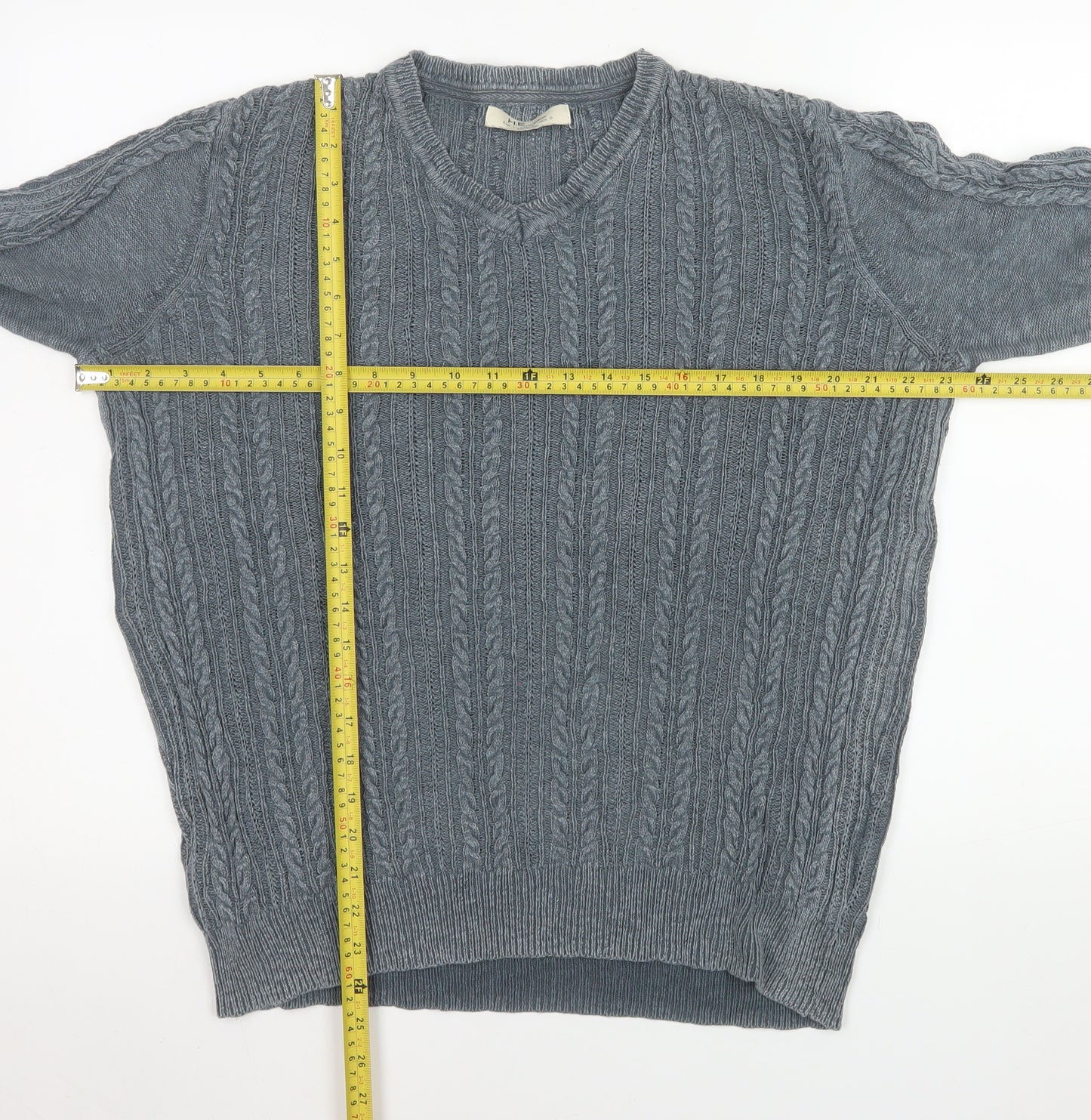 Mango Men's Grey L V-Neck Cable Knit Cotton Jumper