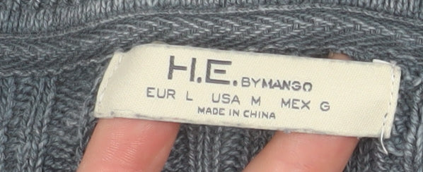 Mango Men's Grey L V-Neck Cable Knit Cotton Jumper