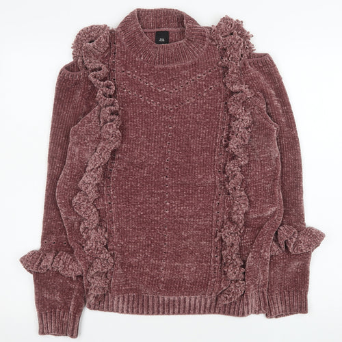 River Island Women Pink Ruffle Knit Roll Neck Jumper Size 10