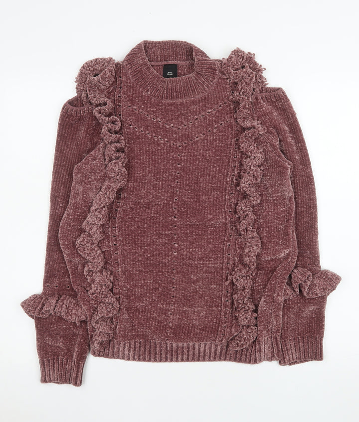 River Island Women Pink Ruffle Knit Roll Neck Jumper Size 10