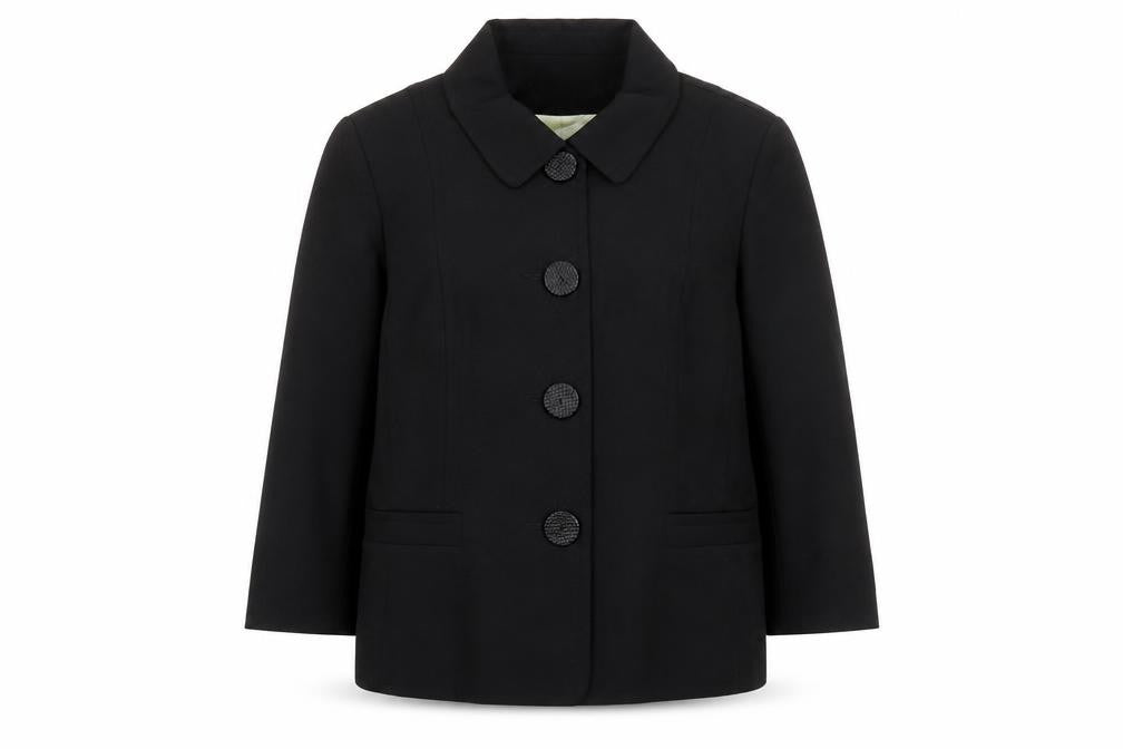 Front view of KENAR women’s black, size UK 18, wool blend single-breasted suit jacket