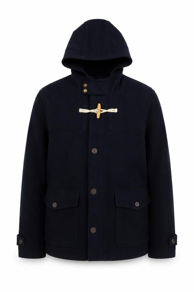 Front view of North Coast Men’s Blue Wool Hooded Duffle Coat, size M