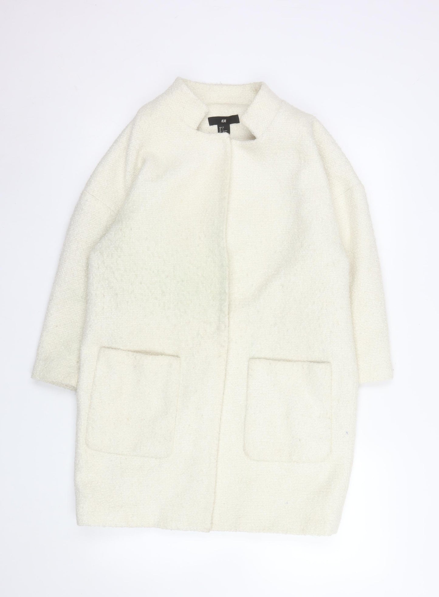 H&M Women Ivory Wool Blend Textured Mid-Length Coat Size 6