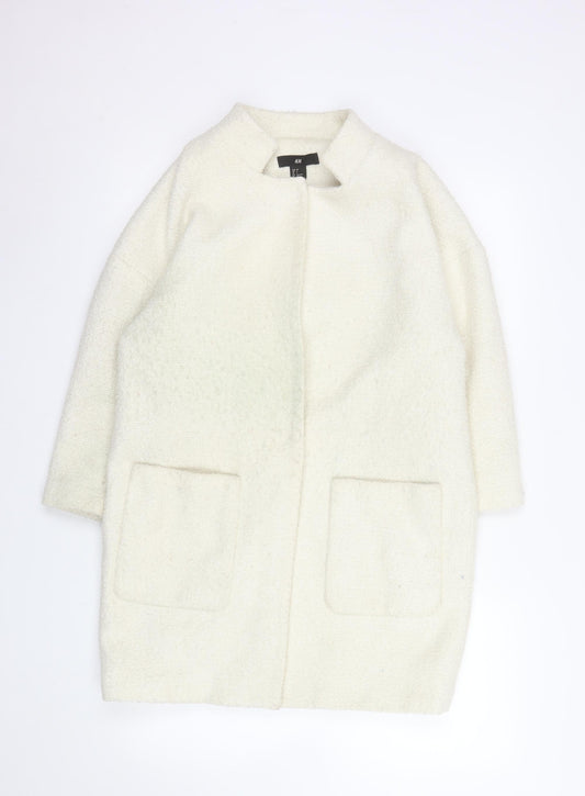 H&M Women Ivory Wool Blend Textured Mid-Length Coat Size 6