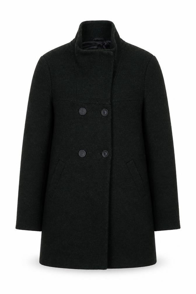 Front view of Only Women's Black Wool Blend Pea Coat M Mid-Length Classic Style
