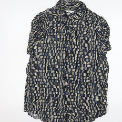 Marks and Spencer Men's Blue Geometric Short Sleeve Viscose Button-Up Shirt Medium