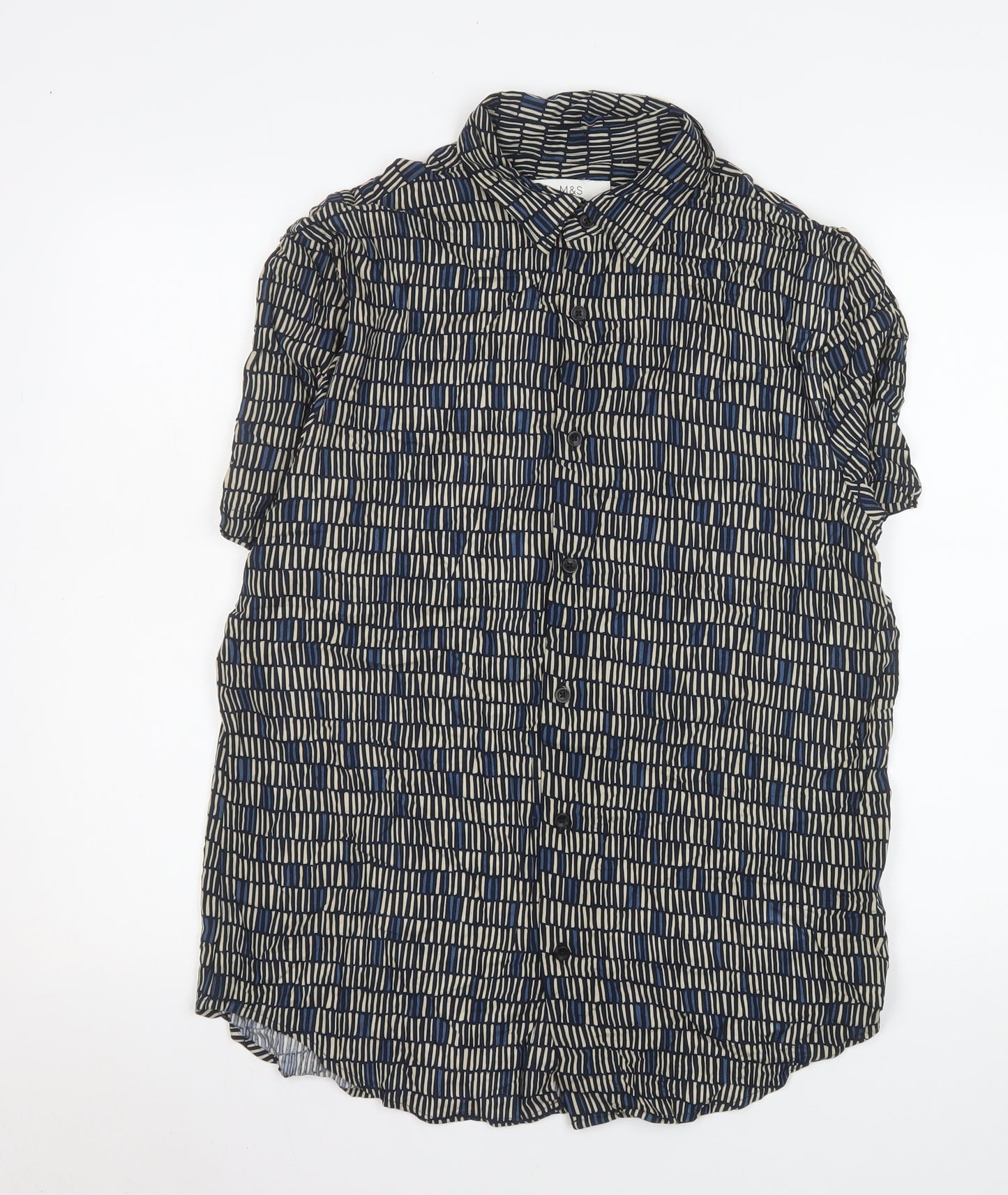 Marks and Spencer Men's Blue Geometric Short Sleeve Viscose Button-Up Shirt Medium