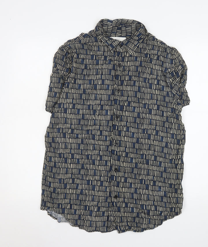 Marks and Spencer Men's Blue Geometric Short Sleeve Viscose Button-Up Shirt Medium