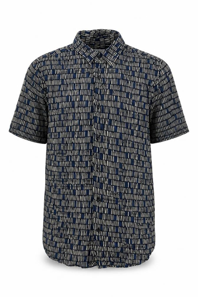 Front view of Marks & Spencer Men's Blue Geometric Short Sleeve Viscose Button-Up Shirt Medium