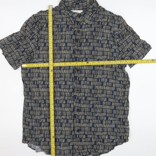 Marks and Spencer Men's Blue Geometric Short Sleeve Viscose Button-Up Shirt Medium