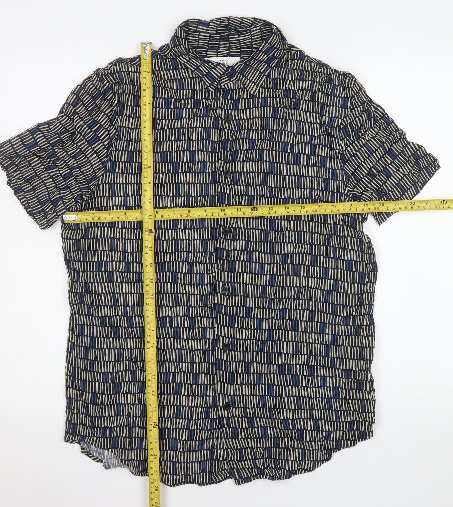 Marks and Spencer Men's Blue Geometric Short Sleeve Viscose Button-Up Shirt Medium
