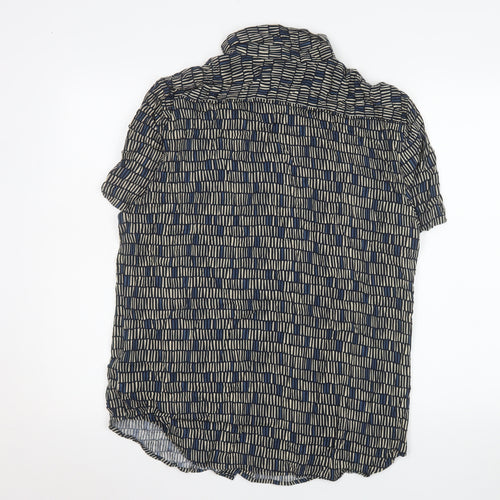 Marks and Spencer Men's Blue Geometric Short Sleeve Viscose Button-Up Shirt Medium