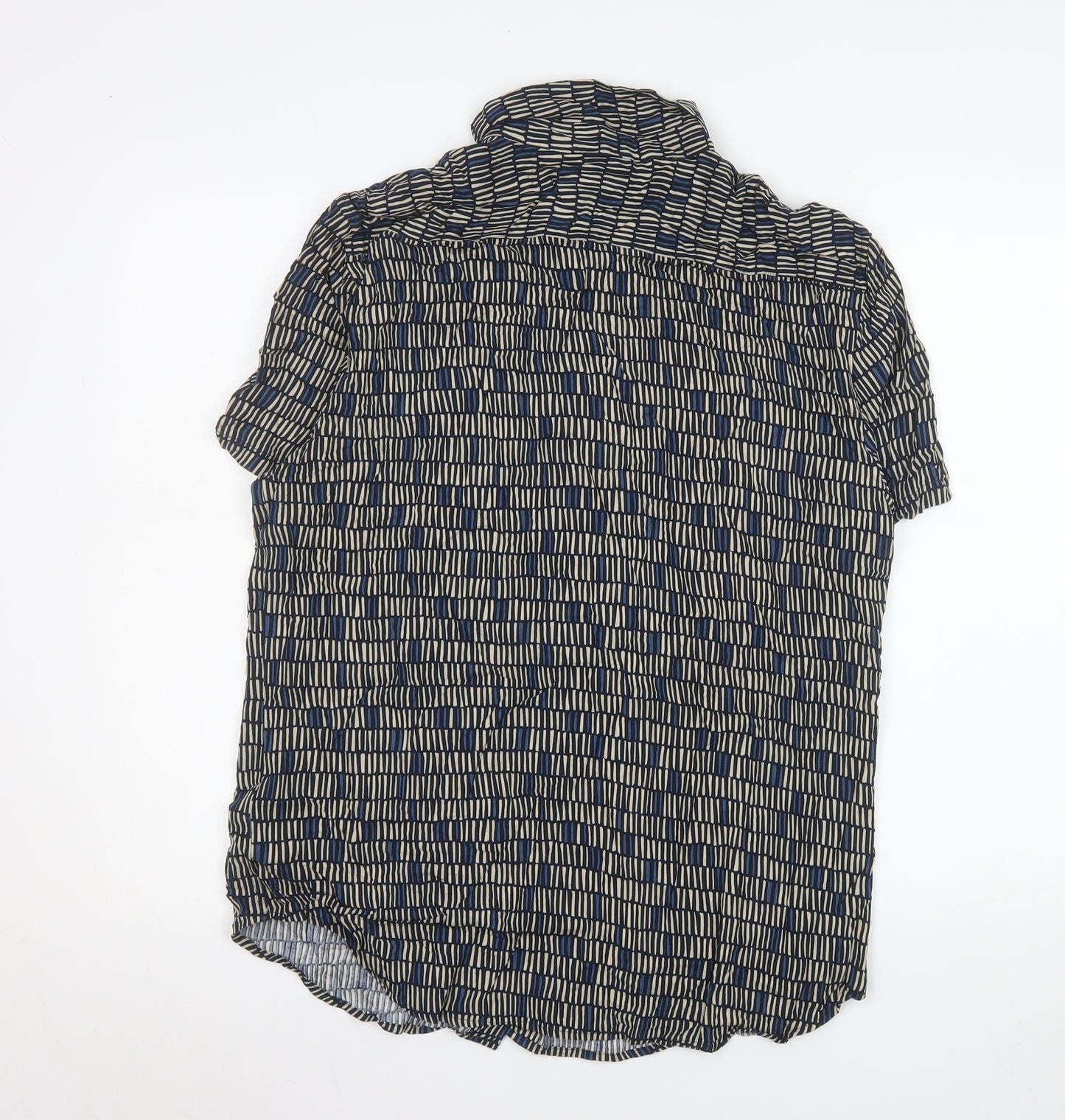 Marks and Spencer Men's Blue Geometric Short Sleeve Viscose Button-Up Shirt Medium